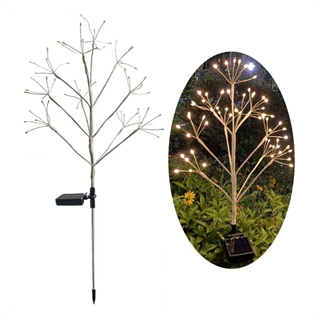 Solcellelampe med kobberlyskæder og træformet pynt på spyd